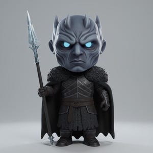 Pode incluir: Uma figura estilizada do Rei da Noite de Game of Thrones. A figura tem um rosto cinza com olhos azuis brilhantes, vestindo uma armadura preta, uma capa forrada de pele e segurando uma lança com uma lâmina prateada.