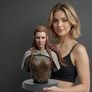Pode incluir: Um busto esculpido detalhado de uma elfa com longos cabelos ruivos, vestindo uma túnica verde, armadura castanha com textura de couro e uma capa cinzenta clara com capuz, presa por um broche prateado em forma de folha, numa base preta.