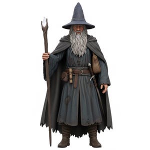 Pode incluir: Uma figura detalhada de Gandalf de O Senhor dos Anéis. A figura usa uma longa túnica cinza, um chapéu de abas largas e carrega um bastão com um cristal brilhante. Uma espada e uma alforje também são visíveis.