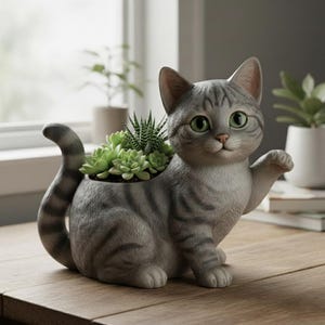 May include: A gray cat-shaped planter with green eyes and a raised paw, holding a variety of green succulents. The cat has gray stripes and a long tail. The planter is on a wooden surface.