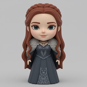 May include: A cartoon-style figurine of a character with auburn hair, green eyes, and a pale complexion. She is dressed in a dark blue gown with a fur-trimmed collar and silver embellishments. The figure has a simplified design and is set against a plain backdrop.
