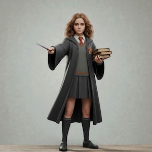 Puede incluir: Una figura de una persona joven con uniforme de Hogwarts, sosteniendo una varita y libros. La figura lleva un suéter gris, una falda plisada y una larga túnica negra. La figura tiene cabello castaño y lleva zapatos y calcetines negros.