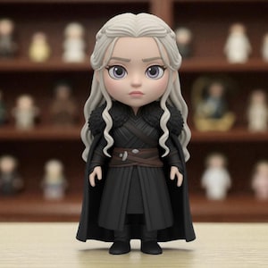 May include: A detailed figurine of a character with white hair and purple eyes, dressed in a black outfit with a cape and fur trim. The figure has a serious expression and is positioned in front of a shelf with other figurines.