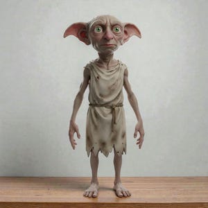 Puede incluir: Figura detallada de un elfo doméstico con orejas grandes, ojos verdes y una expresión neutra. El elfo viste una túnica beige desgastada atada con un cinturón de cuerda. La figura está sobre una superficie de madera contra un fondo neutro.