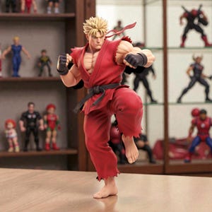 May include: A detailed figurine of a male character in a dynamic fighting pose. The figure is clad in a red gi with a black belt and wristbands. The character has blonde hair and is posed with a raised leg, ready to strike.