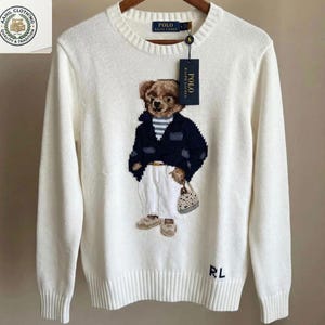 Polo Bear Ralph Lauren Off White Sweater, Vintage Luxury Knit Pullover