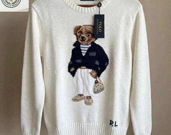 Suéter blanco roto de Polo Bear Ralph Lauren, jersey de punto vintage de lujo
