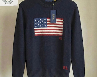 Autentica felpa polo Polo Ralph Lauren con bandiera americana, girocollo da uomo in maglia.