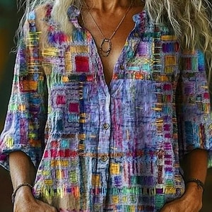 Camicetta patchwork colorata da donna, modello tunica ricamata, stile boho hippie