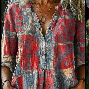 Blusa con estampado patchwork de aspecto lino, camisa abotonada de estilo bohemio vintage