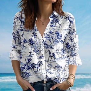 Horse Print Toile Blouse Shirt Blue White Equestrian Shirt
