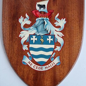 Puede incluir: Escudo de madera con escudo de armas. El diseño incluye un escudo azul y blanco, una pancarta con "NE CEDE MALIS", un barco, un toro y un pájaro. El escudo es de madera.
