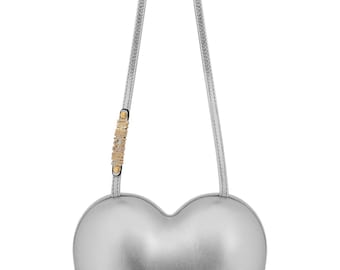 Bolso de hombro con forma de corazón de Moschino Couture, mini bandolera plateada metalizada, bolso de diseñador con cierre magnético, estilo vintage.