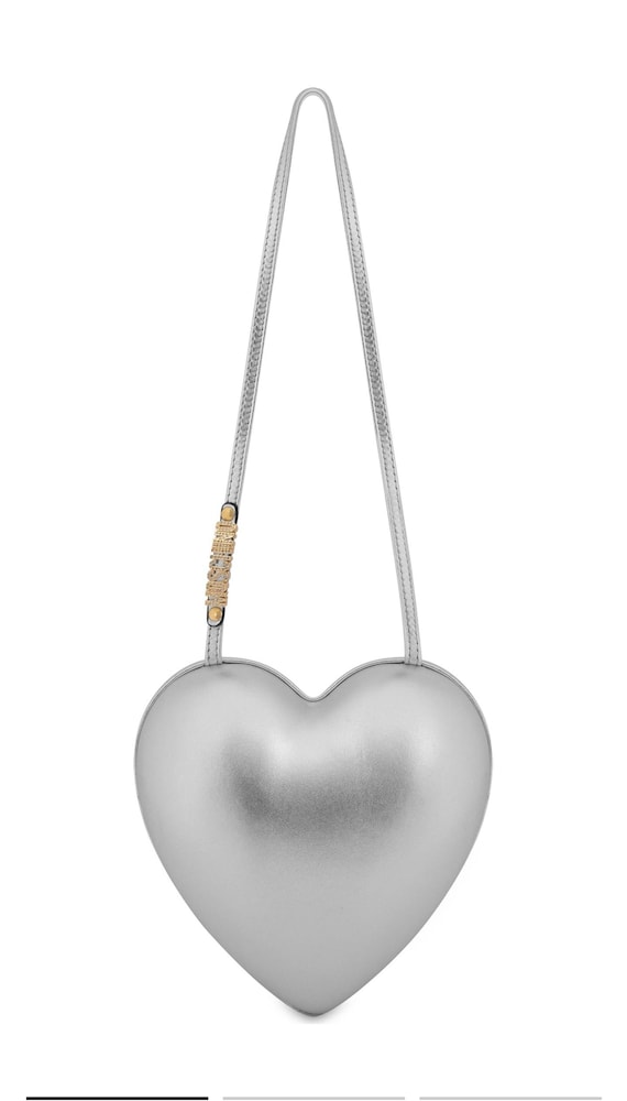 Moschino Couture Leather Heart Shaped Shoulder Bag Silver Metallic Mini Crossbody Designer Handbag magnetic closure vintage retired