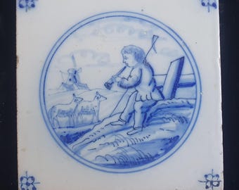 Dutch Delft Blue Tile, Music player, 19th century, antique collectable and backsplash fireplace kitchen tiles