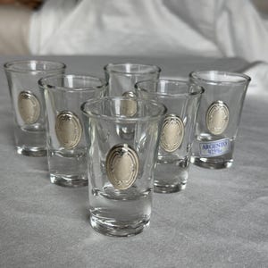 Op de afbeelding: Een set van zes heldere glazen shotglaasjes, elk voorzien van een klein, ovaalvormig zilveren embleem aan de voorzijde. Eén glas heeft een rechthoekige sticker met de tekst ARGENTO 925‰ aan de zijkant. De glazen hebben een taps toelopende vorm.