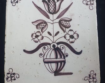 Dutch Delft Manganese Tile, Flowerpot, 19th century, antique collectable and backsplash fireplace kitchen tiles