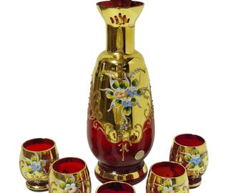 Vintage Murano Ruby Red Gold Decanter Set Tre Fuochi Venetian Hand