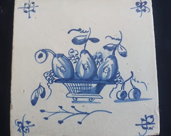 Dutch Delft Blue Tile, Fruit bowl, 19th century, antique collectable and backsplash fireplace kitchen tiles