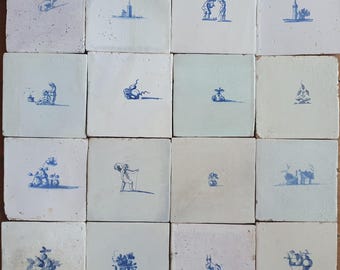 16 x Antique Delft tiles, 17th Century Dutch Wall Decor,
