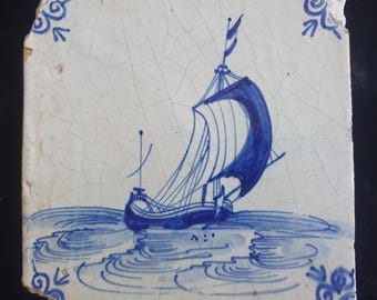 Dutch Delft Blue Tile, Sailing ship, 17th century, antique collectable and backsplash fireplace kitchen tile