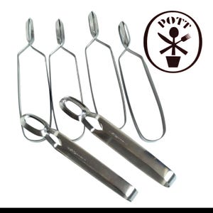May include: A set of stainless steel ice tongs, with a distinctive design featuring a long handle and a rounded grip. The image also includes a circular logo with a fork, knife, and spoon. The tongs are designed for serving ice.