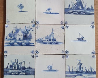 9 x Antique Delft landscape Tiles, 17th Century Dutch Wall Decor.