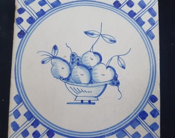 Dutch Delft Blue Tile, Fruit bowl, 19th century, antique collectable and backsplash fireplace kitchen tiles