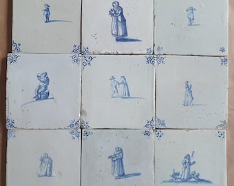9 x Antique Delft tiles with People, 17th Century Dutch Wall Decor,