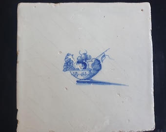 Dutch Delft Blue Tile, Fruir bowl, 17th century, antique collectable and backsplash fireplace kitchen tiles