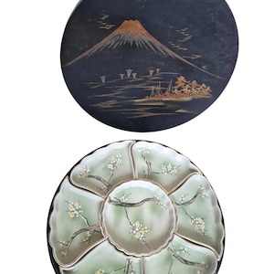 Meiji Japanese Porcelain Sweet Meat Set, Handpainted Floral Dishes, Lacquered Box