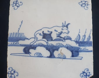 Dutch Delft Blue Tile, Cow, 18th century, antique collectable and backsplash fireplace kitchen tiles