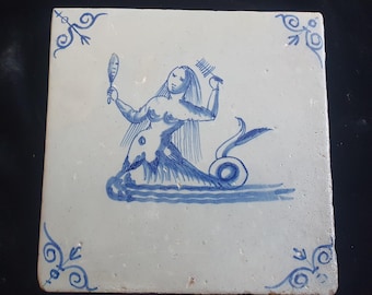 Dutch Delft Blue Tile, Sea creature, 17th century, antique collectable and backsplash fireplace kitchen tiles