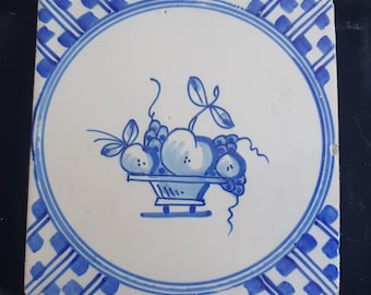Dutch Delft Blue Tile, Fruit bowl, 19th century, antique collectable and backsplash fireplace kitchen tiles