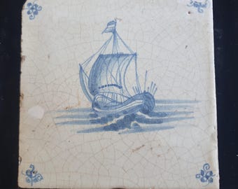 Dutch Delft Blue Tile, Sailing ship, 17th century, antique collectable and backsplash fireplace kitchen tile