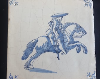 Dutch Delft Blue Tile, Horse rider, 17th century, antique collectable and backsplash fireplace kitchen tiles