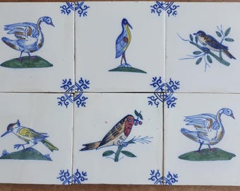 6 azulejos holandeses de Delft azul, con diseño de pájaros, del siglo XX, antiguos, coleccionables, ideales para salpicaderos de chimeneas y cocinas. Juego de 6 unidades.
