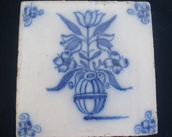 Dutch Delft Blue Tile, Flowerpot, 19th century, antique collectable and backsplash fireplace kitchen tiles