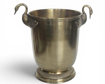 Secchiello da champagne francese in ottone con manici a forma di cigno – Grande refrigeratore per vino in stile Impero – Stile Taittinger – Secchiello per il ghiaccio – Francia, circa 1935-1940