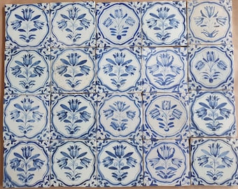 Antique Delft Tulip Tiles, 17th Century Dutch Wall Decor, Set of 25