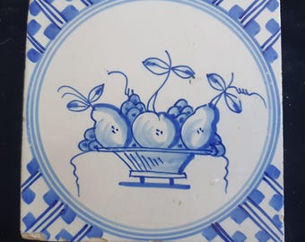 Dutch Delft Blue Tile, Fruit bowl, 19th century, antique collectable and backsplash fireplace kitchen tiles