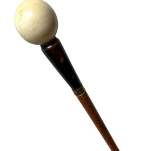 Peut inclure: Une canne de marche dotée d'une poignée sphérique lisse de couleur blanc cassé, fixée à un col effilé brun foncé. Le fût est en bois brun poli, présentant un motif de grain naturel et une conception élancée et droite sur toute sa longueur.