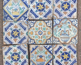 9 x Dutch Delft Blue Tile shards, ornament, 17th century, antique collectable and backsplash fireplace kitchen tiles.