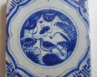 17th Antique Dutch Delft Blue Tile - Chinese garden with a meander shape - Dated around 1640
