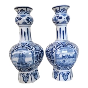 A pair of large Delft antique 'knobbel' vases dutch pottery, 25 cm numbered marked delft made Maastricht 1920-1930 blue ship landscape tiles