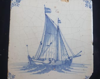 Dutch Delft Blue Tile, Sailing ship, 17th century, antique collectable and backsplash fireplace kitchen tile