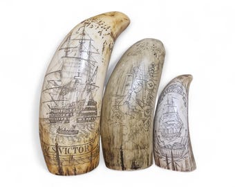 vintage Maritime Scrimshaw Resin teeth Carvings – HMS Victory Admiral Nelson Napoleon – History Folk Art – Early 20th Century