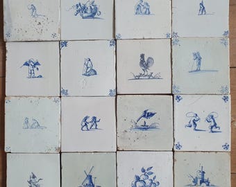 16 x Antique Delft tiles, 17th Century Dutch Wall Decor,