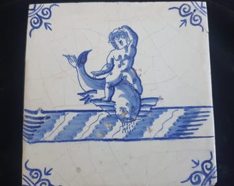 Dutch Delft Blue Tile, Sea creature, 17th century, antique collectable and backsplash fireplace kitchen tiles