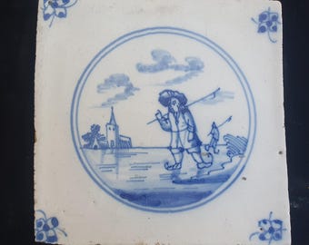Dutch Delft Blue Tile, Skater, 19th century, antique collectable and backsplash fireplace kitchen tiles